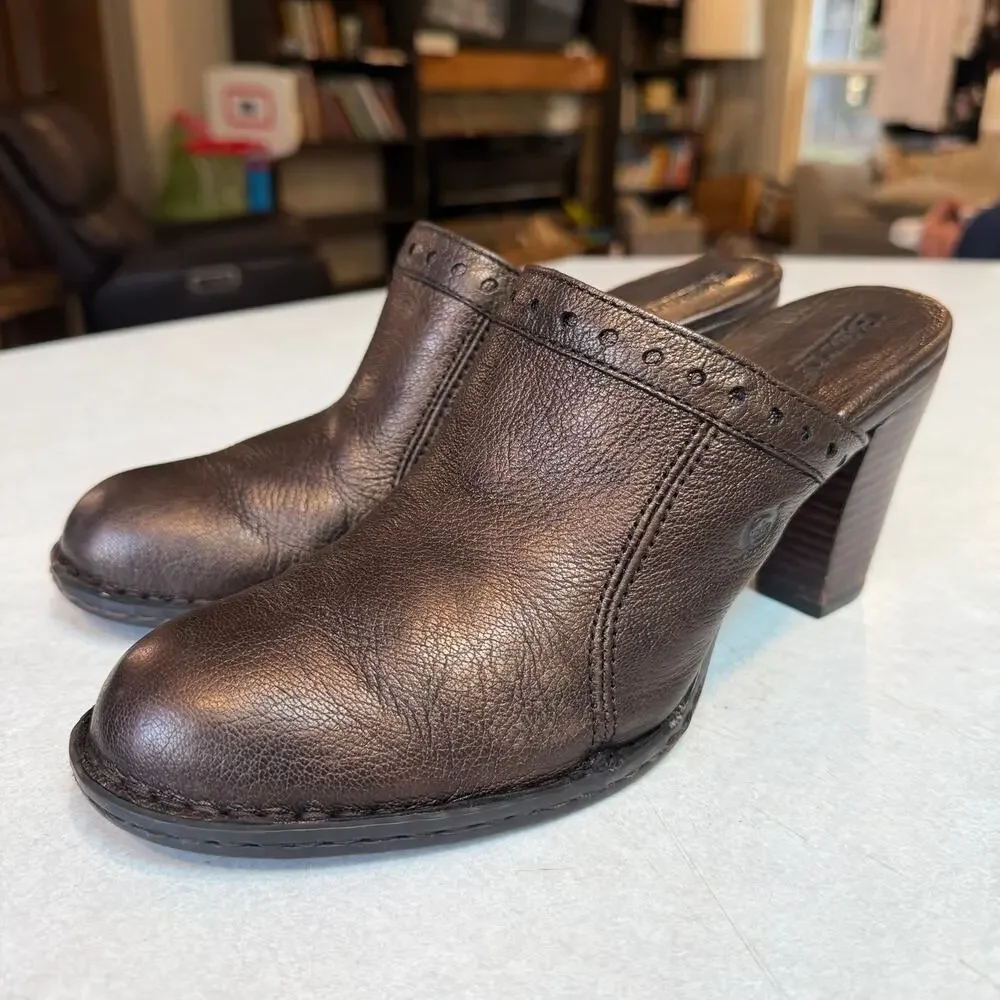 Born Lella Womens Bronze Metallic Brown Leather Clogs Heeled Mules size 9